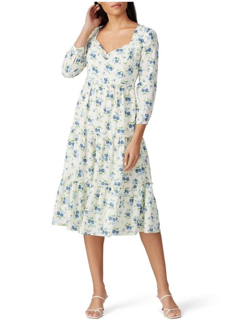 Sweet Baby Jamie Ivory and Blue Floral Print Tiered Midi Dress Size S